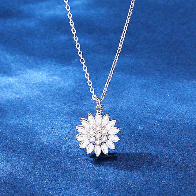 Delicate diamond sunflower rotatable pendant copper necklace