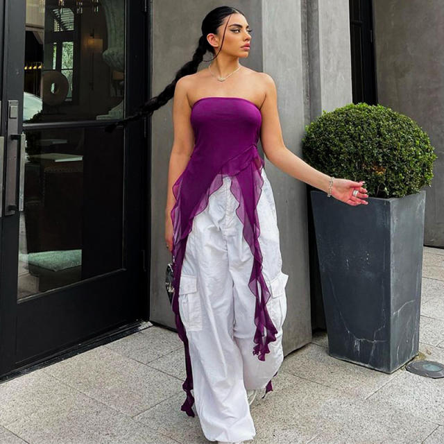 Sexy off shoulder purple color long ruffle tops