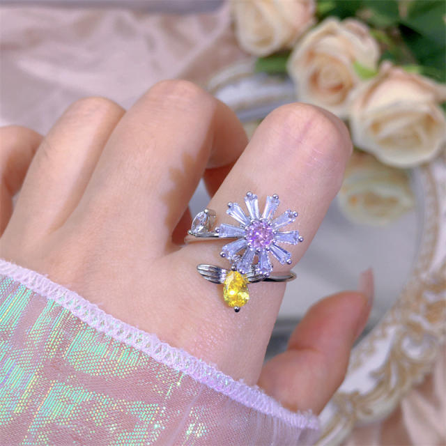Delicate diamond flower clover copper rotatable fidget rings