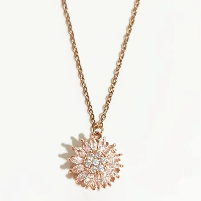 Delicate diamond sunflower rotatable pendant copper necklace