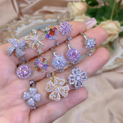 Delicate diamond flower clover copper rotatable fidget rings