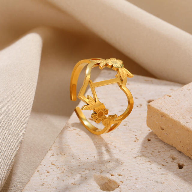 Unique initial letter heart stainless steel rings