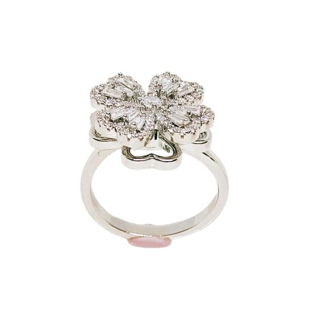 Delicate rotatable diamond clover copper fidget rings