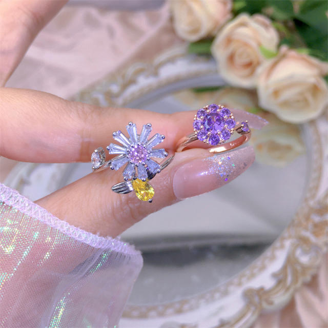 Delicate diamond flower clover copper rotatable fidget rings
