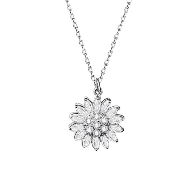 Delicate diamond sunflower rotatable pendant copper necklace