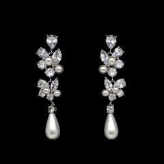 Elegant pearl bead drop diamond earrings