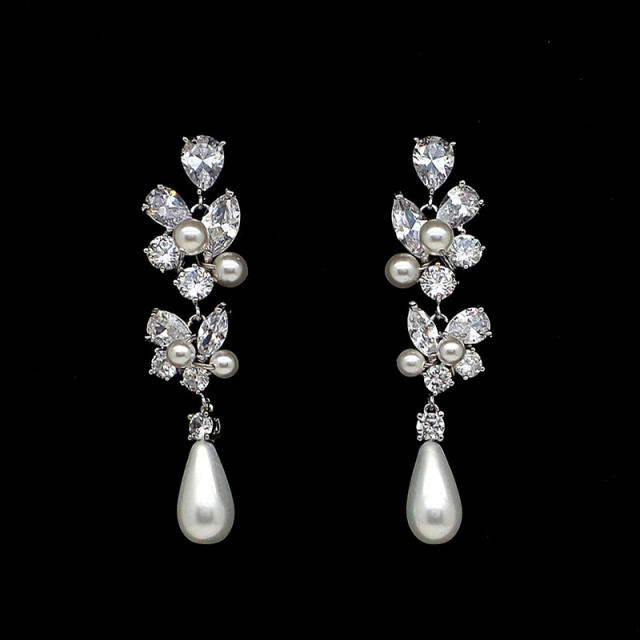 Elegant pearl bead drop diamond earrings