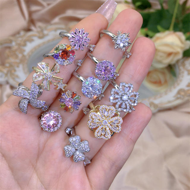 Delicate diamond flower clover copper rotatable fidget rings