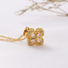 AAA cubic zircon rotatable clover stainless steel chain necklace set
