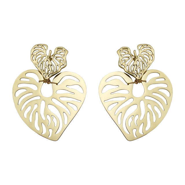 INS hot sale hollow heart leaf stainless steel earrings