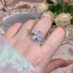 Delicate diamond flower clover copper rotatable fidget rings