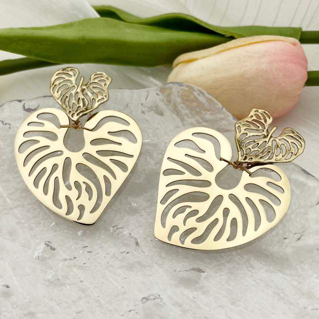 INS hot sale hollow heart leaf stainless steel earrings