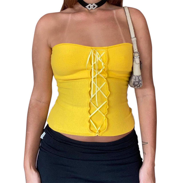 Sexy yellow color off shoulder cropped tops