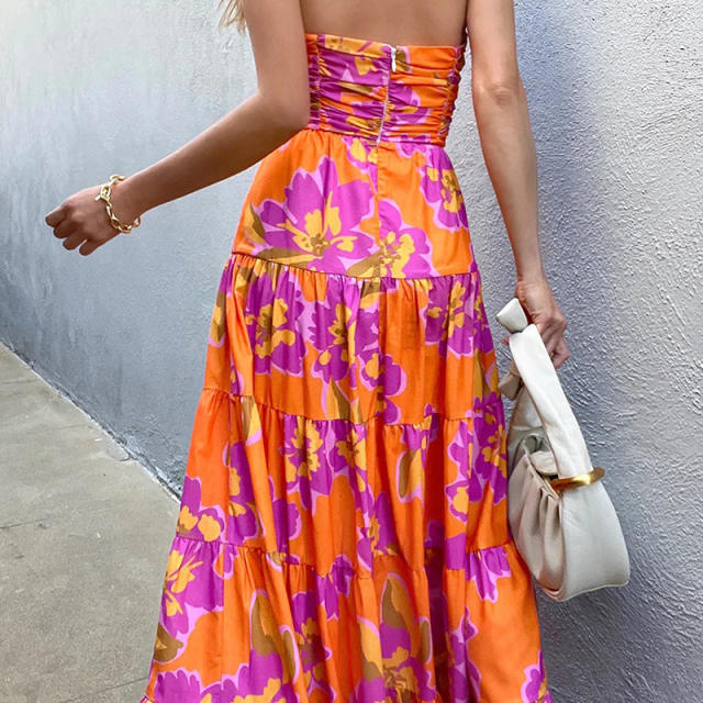 INS sexy hollow out waist floral maxi holiday dress