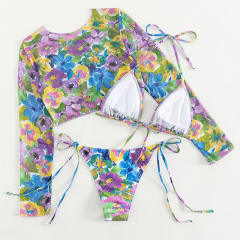 Sexy floral pattern bikini long sleeve cover up set
