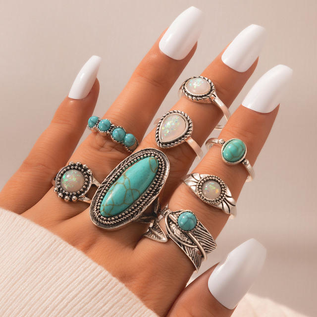 Vintage boho turquoise statement alloy stackable rings
