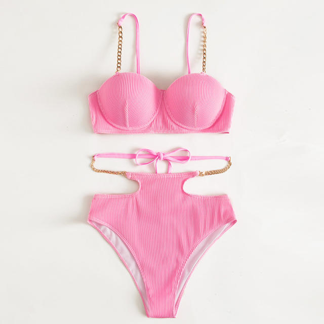 Sweet pink color high waist two piece swimsuit