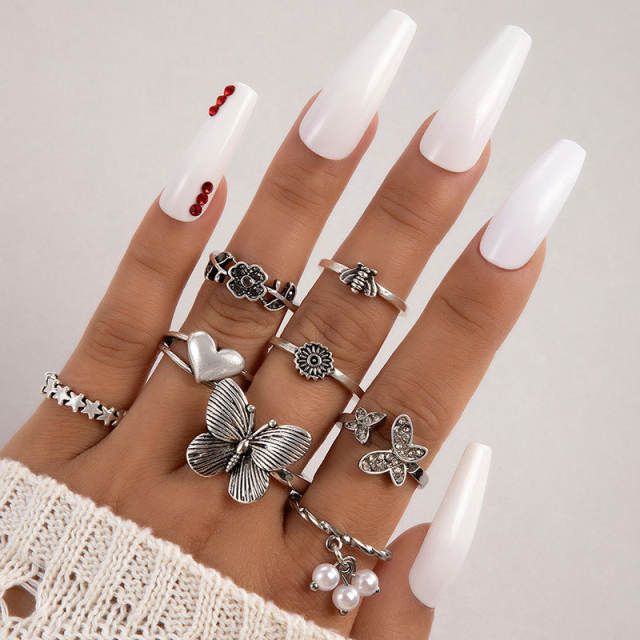 Vintage silver color flower butterfly alloy stackable rings