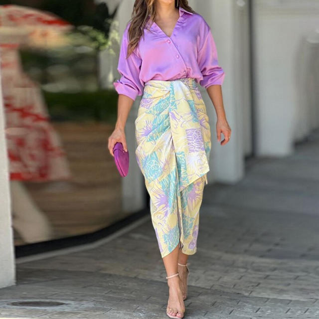 Elegant purple color blouse irregular midi skirt set