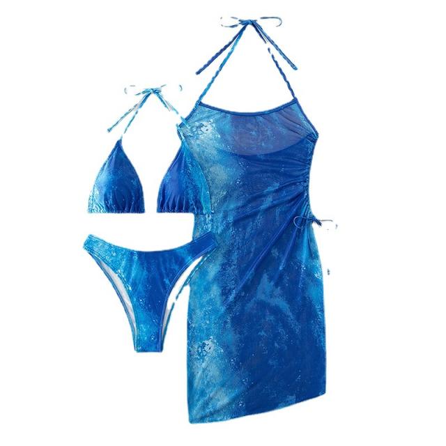 Sexy tie dry blue color bikini cover up dress set
