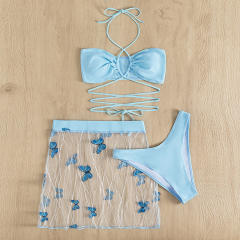 Blue color strappy bikini butterfly skirt cover up set