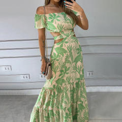 Summer floral pattern off shoulder backless maxi holidy dress