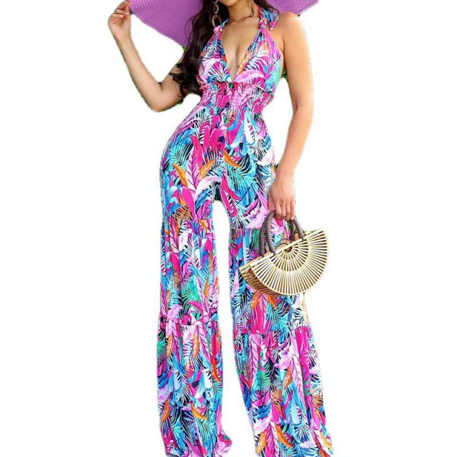 Personality color pattern halter neck summer jumpsuit