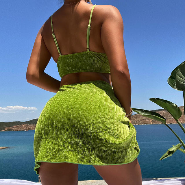 Green color sexy bikini cover up skirt set