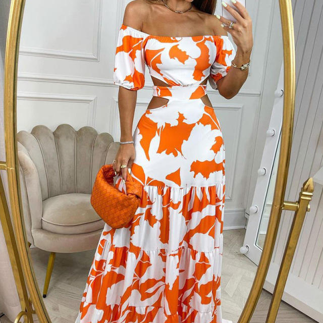 Summer floral pattern off shoulder backless maxi holidy dress