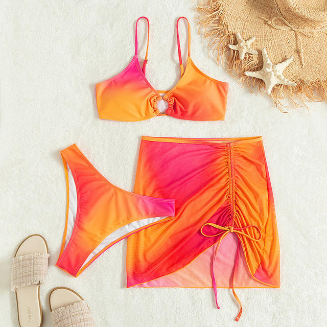 Sexy tie dry orange color bikini skirt cover up set