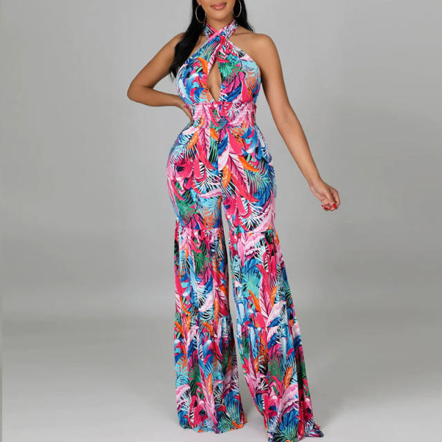 Personality color pattern halter neck summer jumpsuit