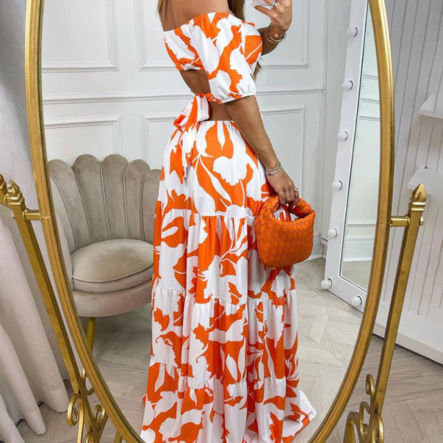 Summer floral pattern off shoulder backless maxi holidy dress