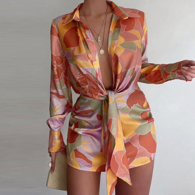 Sexy color pattern long sleeve tie front shirt dress