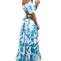 Summer floral pattern off shoulder backless maxi holidy dress