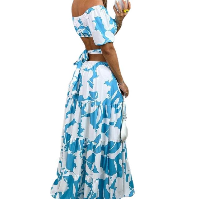 Summer floral pattern off shoulder backless maxi holidy dress