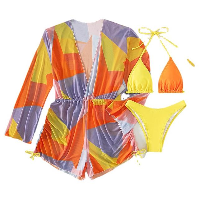 Color pattern sexy bikini cover up set