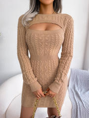 Sexy hollow out long sleeve knitted sweater dress