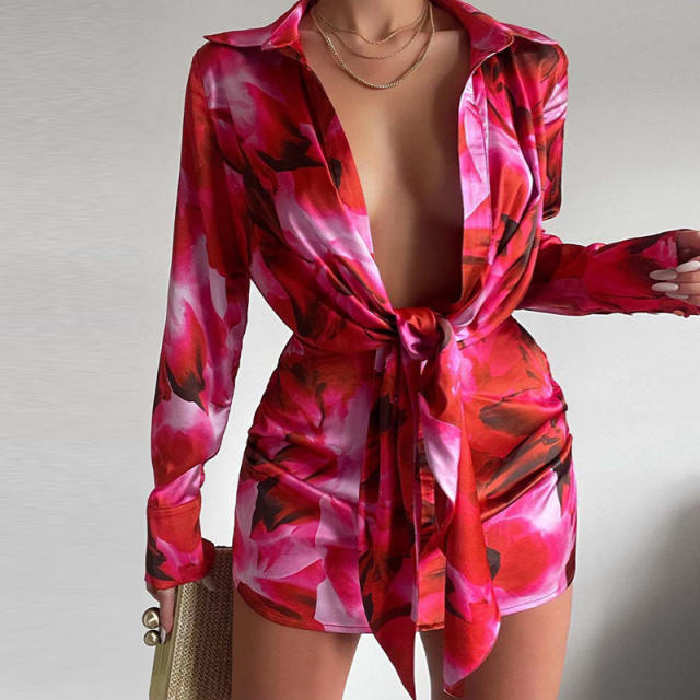 Sexy color pattern long sleeve tie front shirt dress