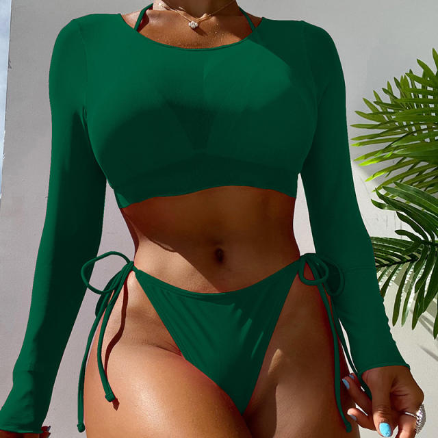 Plain color sexy bikini long sleeve cover up set