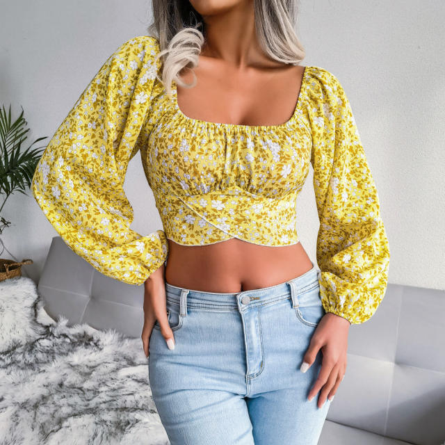 Holiday trend floral pattern balloon sleeve cropped tops