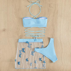 Blue color strappy bikini butterfly skirt cover up set