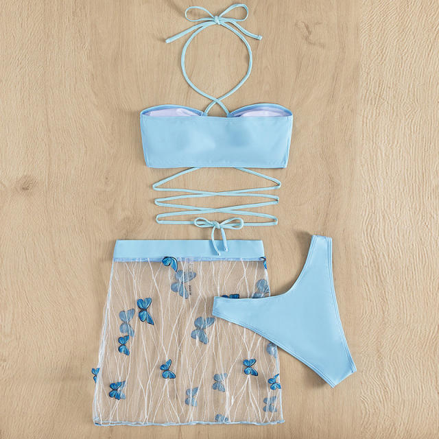 Blue color strappy bikini butterfly skirt cover up set