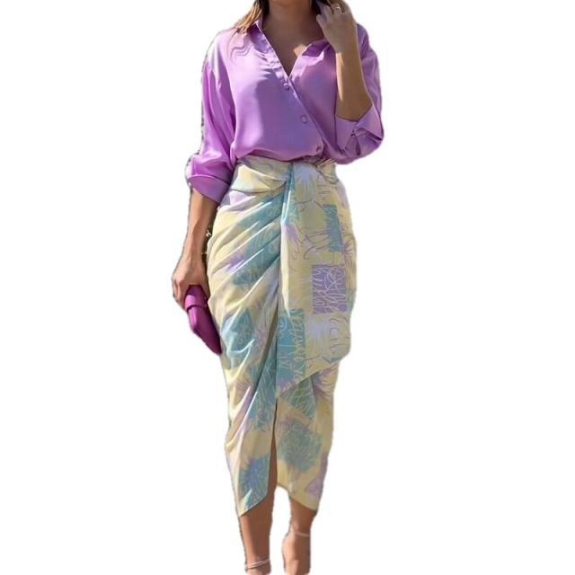 Elegant purple color blouse irregular midi skirt set