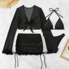 4pcs swimsuit cover up black color bikini set