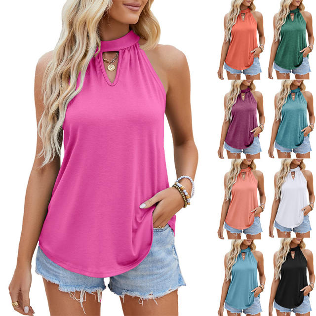 Amazon hot sale plain color summer halter neck long tops