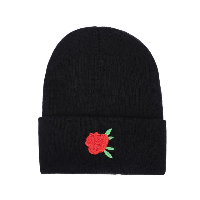 Color embroidery black color knitted beanie cap
