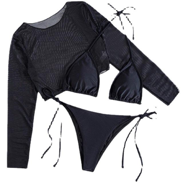 Plain color sexy bikini long sleeve cover up set