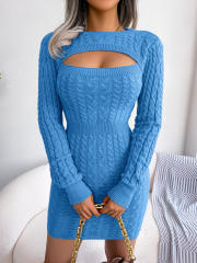 Sexy hollow out long sleeve knitted sweater dress