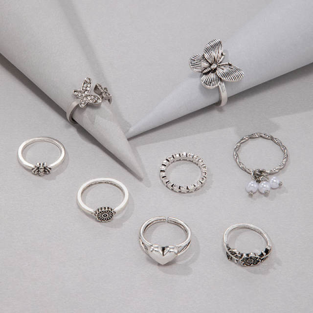 Vintage silver color flower butterfly alloy stackable rings