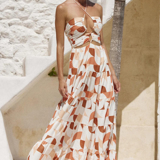INS sexy hollow out waist floral maxi holiday dress